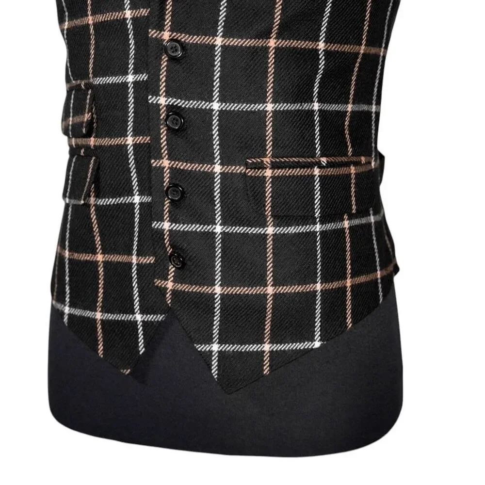 Mens Waistcoat Suit Lapel Vest 40R Black Beige Plaid Check Wool Formal Wedding